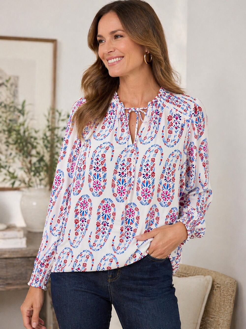 Talbots Medium Boho Floral Paisley Blouse Tie Neck Smocked Long Sleeve Rayon Top
